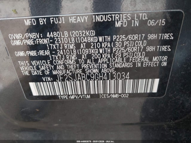2016 Subaru Forester 2.5i მანქანა იყიდება აუქციონზე, vin: JF2SJABC9GH413034, აუქციონის ნომერი: 44993879