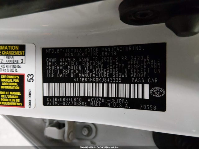 Aukcja sprzedaży 2019 Toyota Camry Xse, vin: 4T1B61HK0KU843335, numer aukcji: 44993881