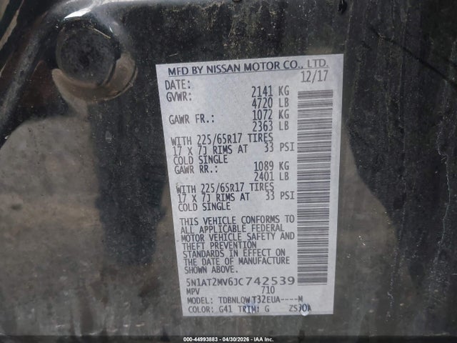 44993883 :رقم المزاد ، 5N1AT2MV6JC742539 vin ، 2018 Nissan Rogue Sv مزاد بيع