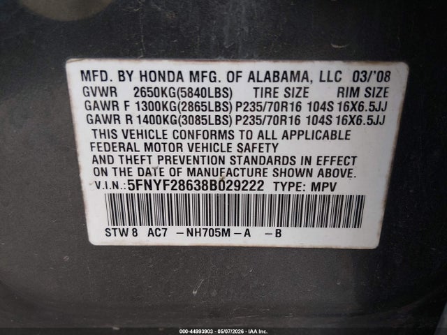 2008 Honda Pilot Ex-l მანქანა იყიდება აუქციონზე, vin: 5FNYF28638B029222, აუქციონის ნომერი: 44993903