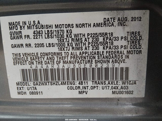 Aukcja sprzedaży 2013 Mitsubishi Outlander Sport Es, vin: 4A4AR3AU8DE002397, numer aukcji: 44993904