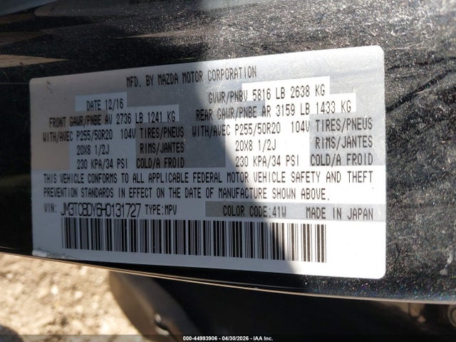Продажа на аукционе авто 2017 Mazda Cx-9 Grand Touring, vin: JM3TCBDY6H0131727, номер лота: 44993906