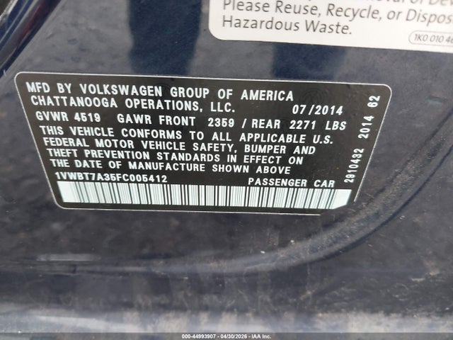2015 Volkswagen Passat 1.8t Se მანქანა იყიდება აუქციონზე, vin: 1VWBT7A35FC005412, აუქციონის ნომერი: 44993907