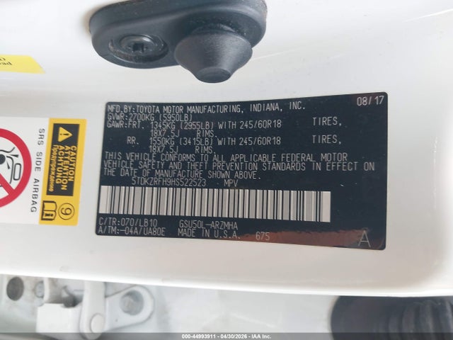 Продажа на аукционе авто 2017 Toyota Highlander Xle, vin: 5TDKZRFH9HS522523, номер лота: 44993911