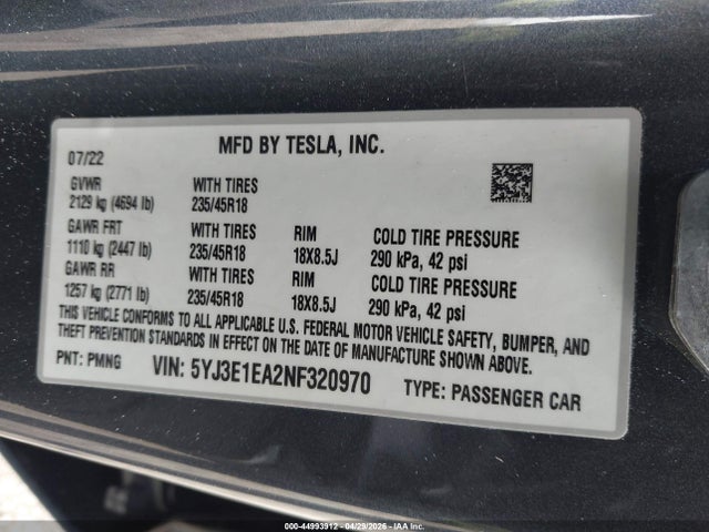 2022 Tesla Model 3 Rear-wheel Drive მანქანა იყიდება აუქციონზე, vin: 5YJ3E1EA2NF320970, აუქციონის ნომერი: 44993912
