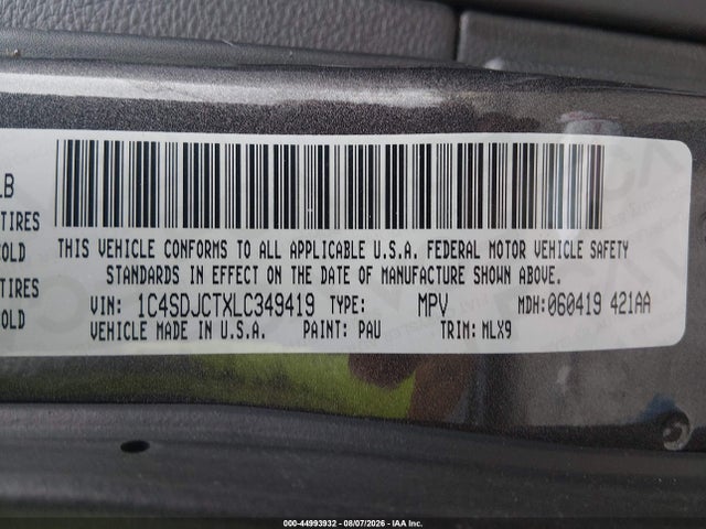 2020 Dodge Durango R/t Awd მანქანა იყიდება აუქციონზე, vin: 1C4SDJCTXLC349419, აუქციონის ნომერი: 44993932