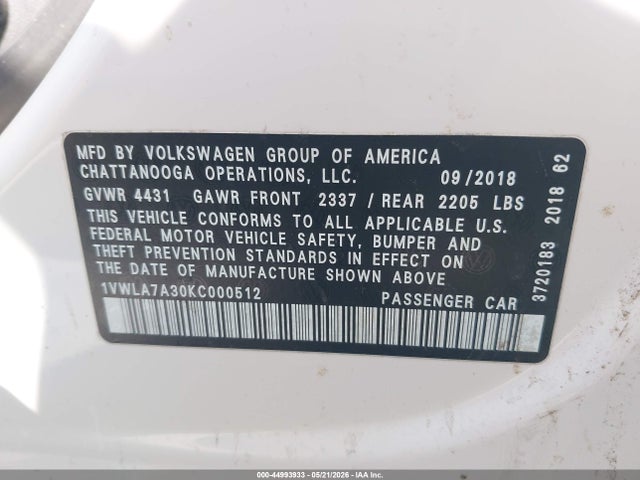 Aukcja sprzedaży 2019 Volkswagen Passat 2.0t Wolfsburg Edition, vin: 1VWLA7A30KC000512, numer aukcji: 44993933
