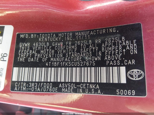 Продаж на аукціоні авто 2012 Toyota Camry Le, vin: 4T1BF1FK5CU527675, номер лоту: 44993956