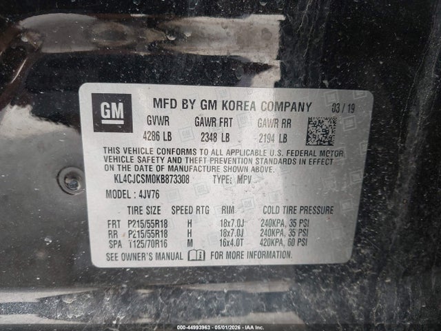 44993963 :رقم المزاد ، KL4CJCSM0KB873308 vin ، 2019 Buick Encore Fwd Essence مزاد بيع