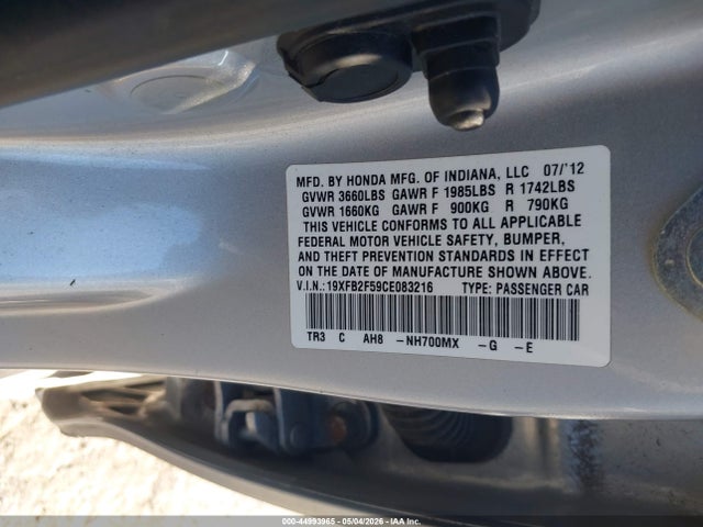 44993965 :رقم المزاد ، 19XFB2F59CE083216 vin ، 2012 Honda Civic Lx مزاد بيع
