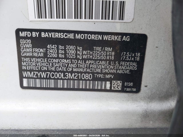 44993981 :رقم المزاد ، WMZYW7C00L3M21080 vin ، 2020 Mini Countryman Cooper S مزاد بيع