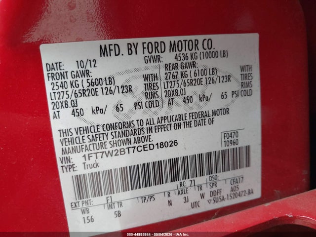 Aukcja sprzedaży 2012 Ford F-250 Lariat, vin: 1FT7W2BT7CED18026, numer aukcji: 44993984