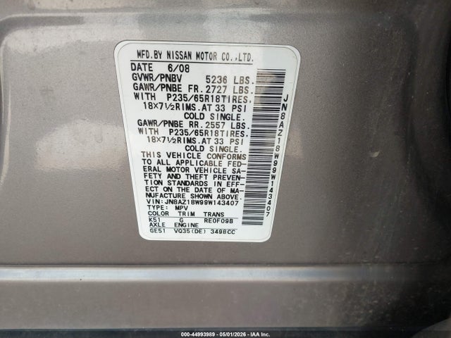 Aukcja sprzedaży 2009 Nissan Murano Sl, vin: JN8AZ18W99W143407, numer aukcji: 44993989