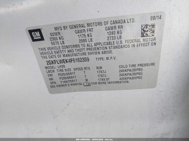 2015 Gmc Terrain Sle-2 მანქანა იყიდება აუქციონზე, vin: 2GKFLWEK4F6162359, აუქციონის ნომერი: 44993992
