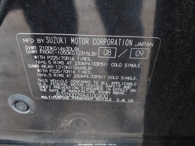 44993993 :رقم المزاد ، JS3TD0D29A4100400 vin ، 2010 Suzuki Grand Vitara Premium مزاد بيع