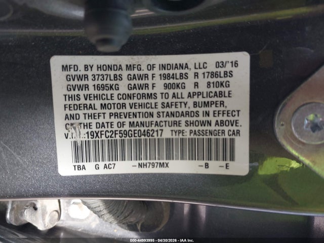 44993995 :رقم المزاد ، 19XFC2F59GE046217 vin ، 2016 Honda Civic Lx مزاد بيع