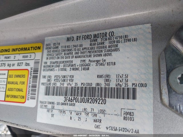 Aukcja sprzedaży 2018 Ford Fusion Hybrid Se, vin: 3FA6P0LU0JR209220, numer aukcji: 44993997