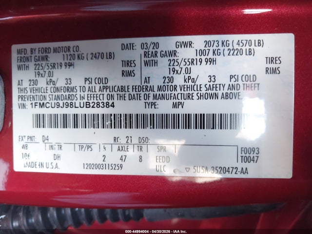 Aukcja sprzedaży 2020 Ford Escape Titanium, vin: 1FMCU9J98LUB28384, numer aukcji: 44994004