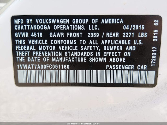 1VWAT7A30FC091160 Volkswagen Passat 1.8t S