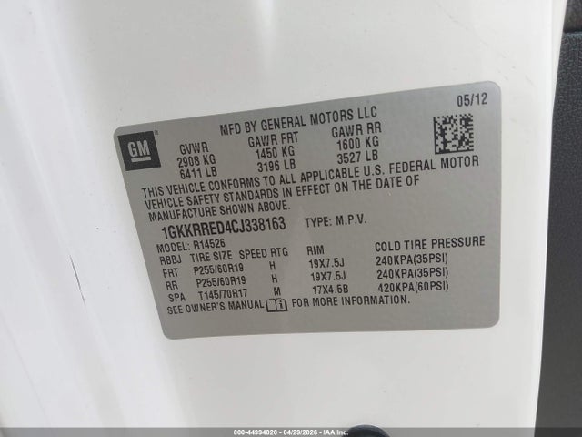Продажа на аукционе авто 2012 Gmc Acadia Slt-1, vin: 1GKKRRED4CJ338163, номер лота: 44994020