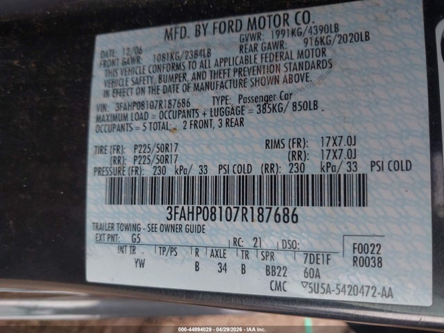 Продаж на аукціоні авто 2007 Ford Fusion Sel, vin: 3FAHP08107R187686, номер лоту: 44994029