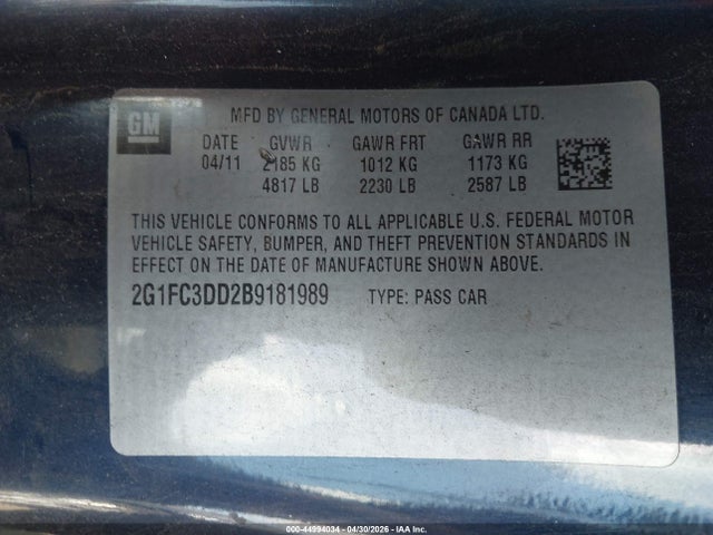 44994034 :رقم المزاد ، 2G1FC3DD2B9181989 vin ، 2011 Chevrolet Camaro 2lt مزاد بيع