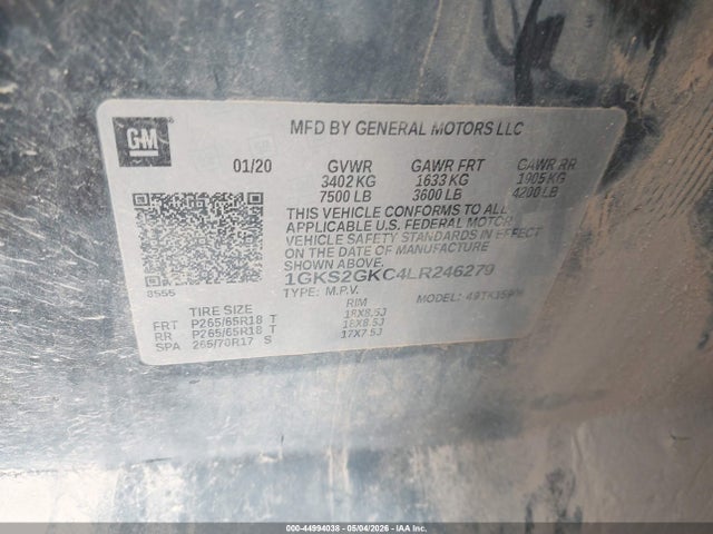 44994038 :رقم المزاد ، 1GKS2GKC4LR246279 vin ، 2020 Gmc Yukon Xl 4wd Slt مزاد بيع