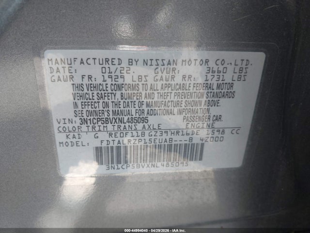 Aukcja sprzedaży 2022 Nissan Kicks S Xtronic Cvt, vin: 3N1CP5BVXNL485095, numer aukcji: 44994040