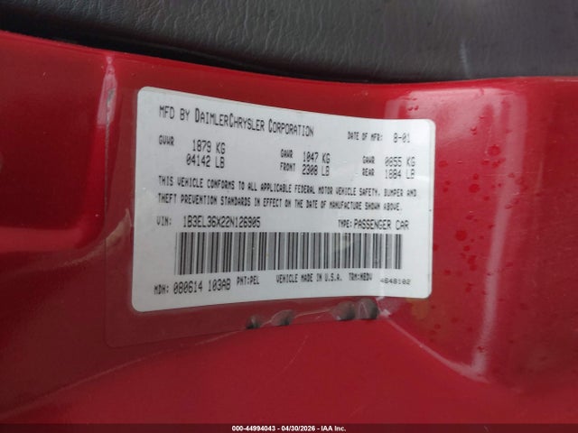 Auction sale of the 2002 Dodge Stratus Se, vin: 1B3EL36X22N126905, lot number: 44994043
