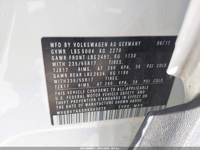 Aukcja sprzedaży 2017 Volkswagen Tiguan 2.0t/2.0t S, vin: WVGBV7AXXHK043075, numer aukcji: 44994047