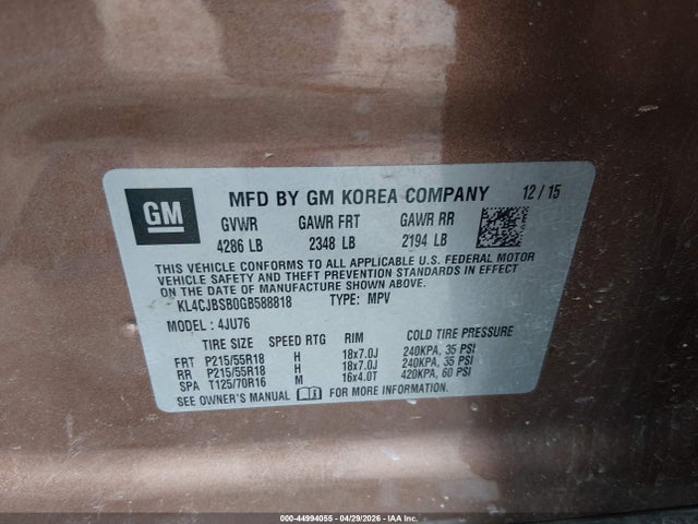 2016 Buick Encore Convenience მანქანა იყიდება აუქციონზე, vin: KL4CJBSB0GB588818, აუქციონის ნომერი: 44994055