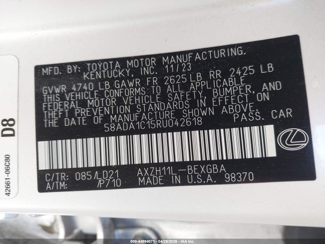 Продажа на аукционе авто 2024 Lexus Es 300h, vin: 58ADA1C15RU042618, номер лота: 44994071