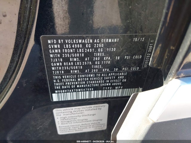 Aukcja sprzedaży 2013 Volkswagen Tiguan S/se/sel, vin: WVGBV7AX7DW547599, numer aukcji: 44994077