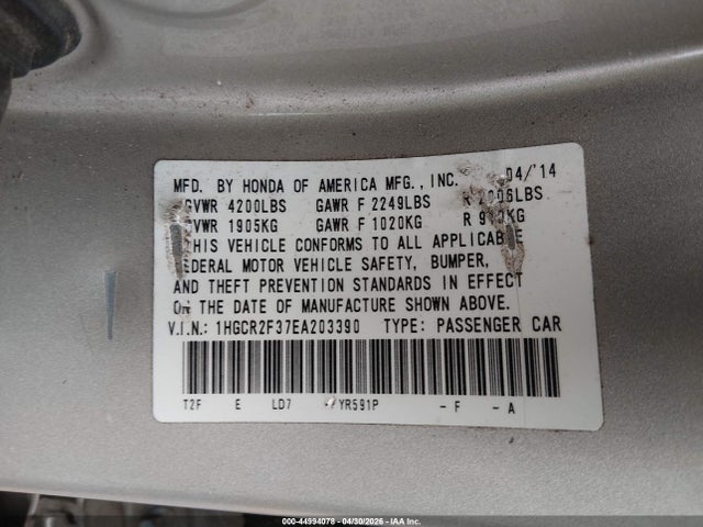 44994078 :رقم المزاد ، 1HGCR2F37EA203390 vin ، 2014 Honda Accord Lx مزاد بيع