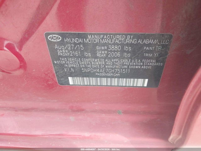 Продаж на аукціоні авто 2016 Hyundai Elantra Value Edition, vin: 5NPDH4AE7GH751511, номер лоту: 44994097