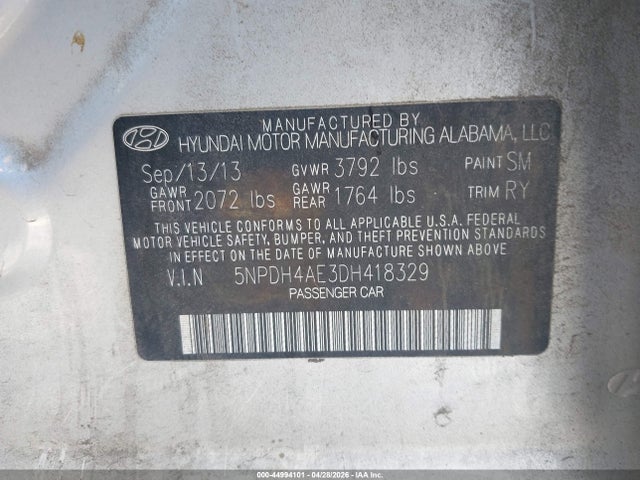 Продаж на аукціоні авто 2013 Hyundai Elantra Limited, vin: 5NPDH4AE3DH418329, номер лоту: 44994101