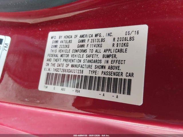Aukcja sprzedaży 2016 Honda Accord Ex-l V-6, vin: 1HGCT2B8XGA007238, numer aukcji: 44994105