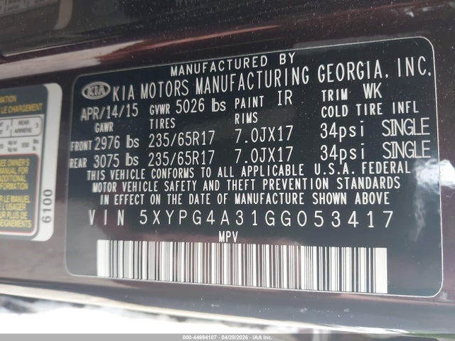Продаж на аукціоні авто 2016 Kia Sorento 2.4l Lx, vin: 5XYPG4A31GG053417, номер лоту: 44994107