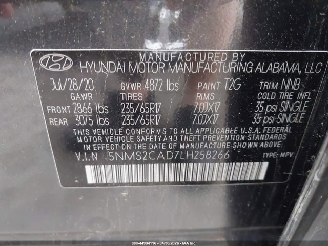 Продаж на аукціоні авто 2020 Hyundai Santa Fe Se, vin: 5NMS2CAD7LH258266, номер лоту: 44994116