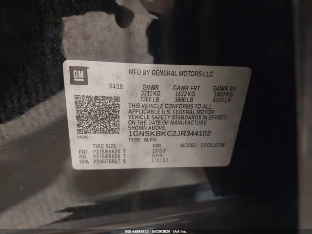 Aukcja sprzedaży 2018 Chevrolet Tahoe Lt, vin: 1GNSKBKC2JR344102, numer aukcji: 44994123