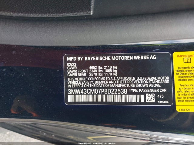 Aukcja sprzedaży 2023 Bmw M240 I, vin: 3MW43CM07P8D22538, numer aukcji: 44994131