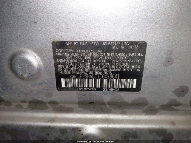 Продажа на аукционе авто 2012 Subaru Forester 2.5x, vin: JF2SHABC7CG438641, номер лота: 44994134