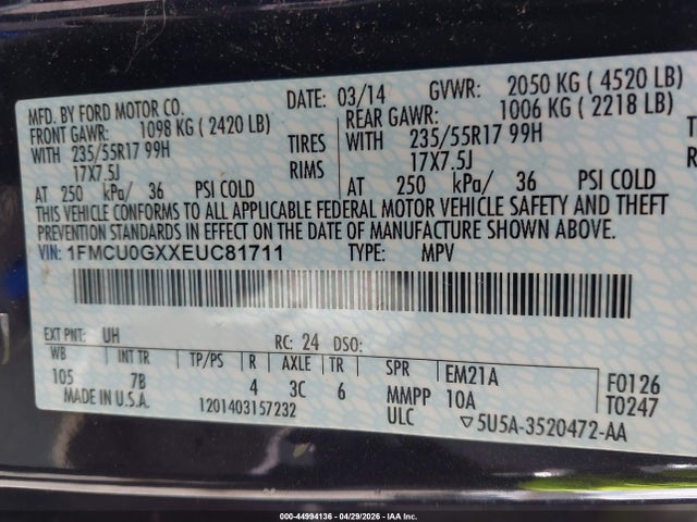 Продаж на аукціоні авто 2014 Ford Escape Se, vin: 1FMCU0GXXEUC81711, номер лоту: 44994136