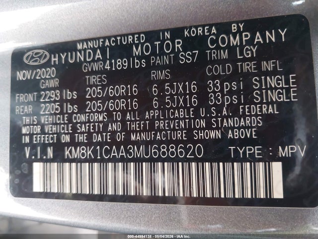 Продажа на аукционе авто 2021 Hyundai Kona Se, vin: KM8K1CAA3MU688620, номер лота: 44994138