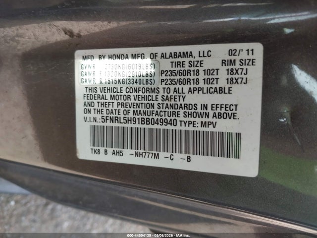 Продажа на аукционе авто 2011 Honda Odyssey Touring/touring Elite, vin: 5FNRL5H91BB049940, номер лота: 44994139