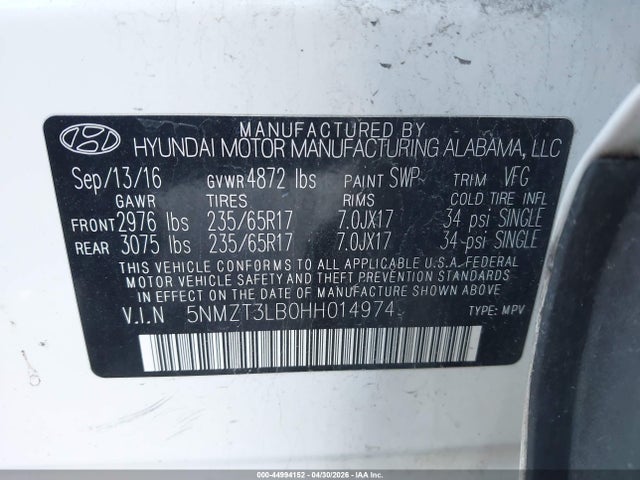 Aukcja sprzedaży 2017 Hyundai Santa Fe Sport 2.4l, vin: 5NMZT3LB0HH014974, numer aukcji: 44994152