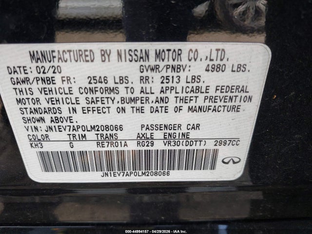 Продажа на аукционе авто 2020 Infiniti Q50 Luxe, vin: JN1EV7AP0LM208066, номер лота: 44994157