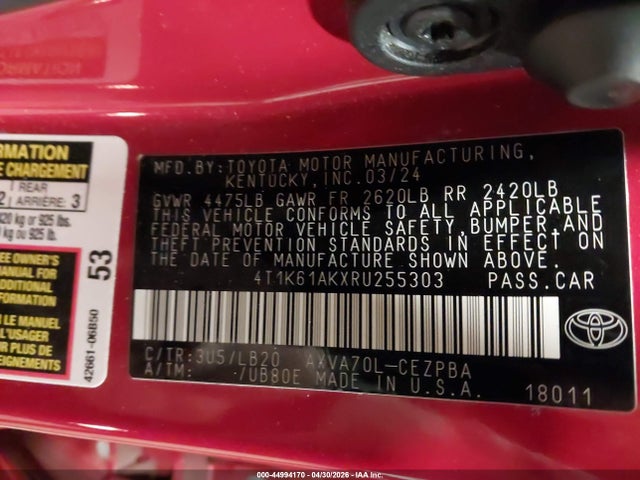 Aukcja sprzedaży 2024 Toyota Camry Xse, vin: 4T1K61AKXRU255303, numer aukcji: 44994170