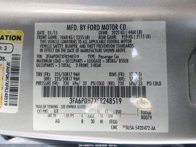 Ford FUSION SE 2015 3FA6P0H7XFR248519 Image 9