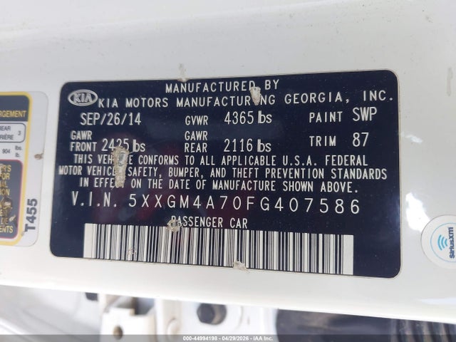 5XXGM4A70FG407586 KIA Optima Lx